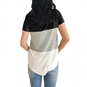 Short Sleeve Round Neck Triple Color Block Stripe T-Shirt Casual Blouse