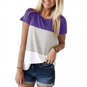 Short Sleeve Round Neck Triple Color Block Stripe T-Shirt Casual Blouse