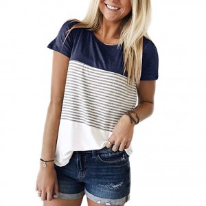 Short Sleeve Round Neck Triple Color Block Stripe T-Shirt Casual Blouse