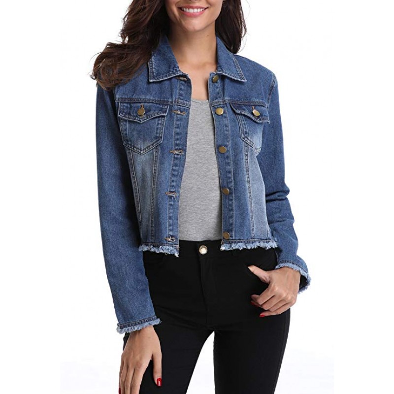 Women’s Washed Frayed Button Up Cropped Jean Jacket w 2 Chest Flap Pockets Women’s Washed Frayed Button Up Cropped Jean Jacket w 2 Chest Flap Pockets