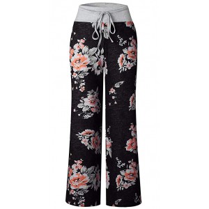 Women's Comfy Casual Pajama Pants Floral Print Drawstring Lounge Pants Wide Leg